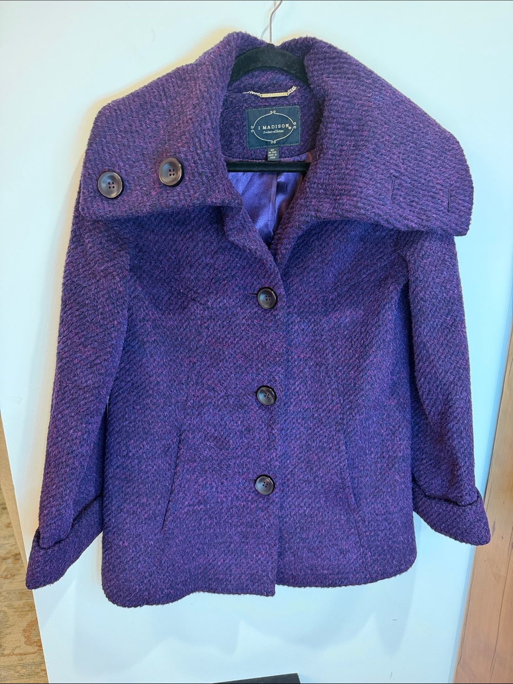 1 Madison Purple/Pink Wool-Blend Pea Coat with Wide Collar, 4P